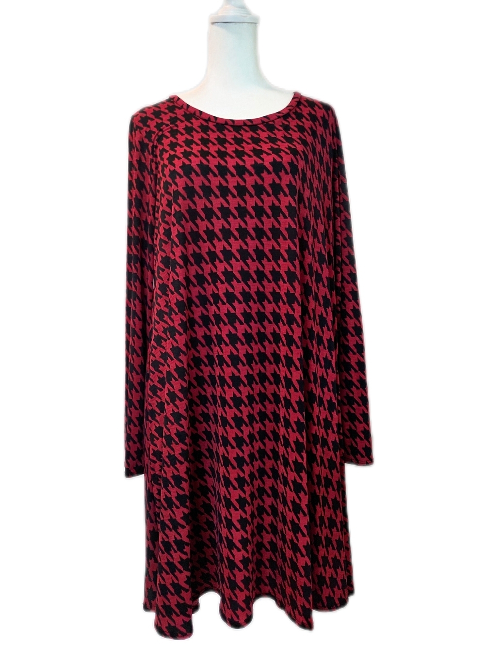 Long Sleeve Red & Black Houndstooth Swing Dress